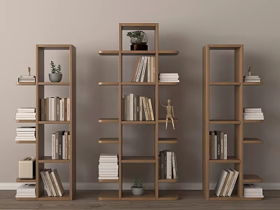 Minimalist Wooden Decorative Shelves With Books Small Potted Plants And Figurine For Home Decor 3d model