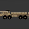 Khaki Military Truck with Six Wheels Open Cargo Bed and Spare Tire on Roof