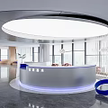 Modern Reception Area Design With Circular Ceiling Light Blue Countertop Glass Partitions And Marble Flooring