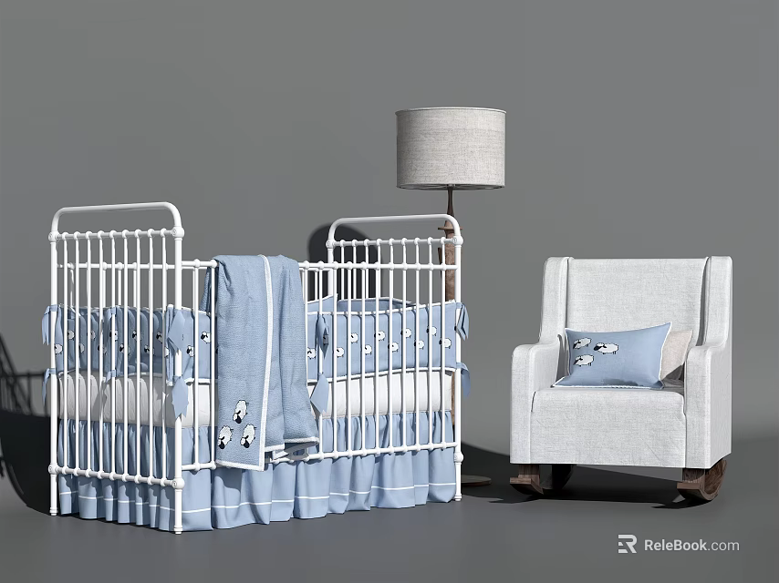 White Baby Crib with Blue Bedding and Decor Accompanied by White Armchair and Floor Lamp 3d model 