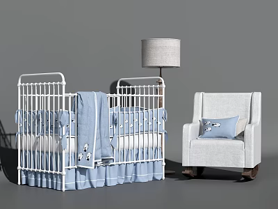 White Baby Crib with Blue Bedding and Decor Accompanied by White Armchair and Floor Lamp 3d model
