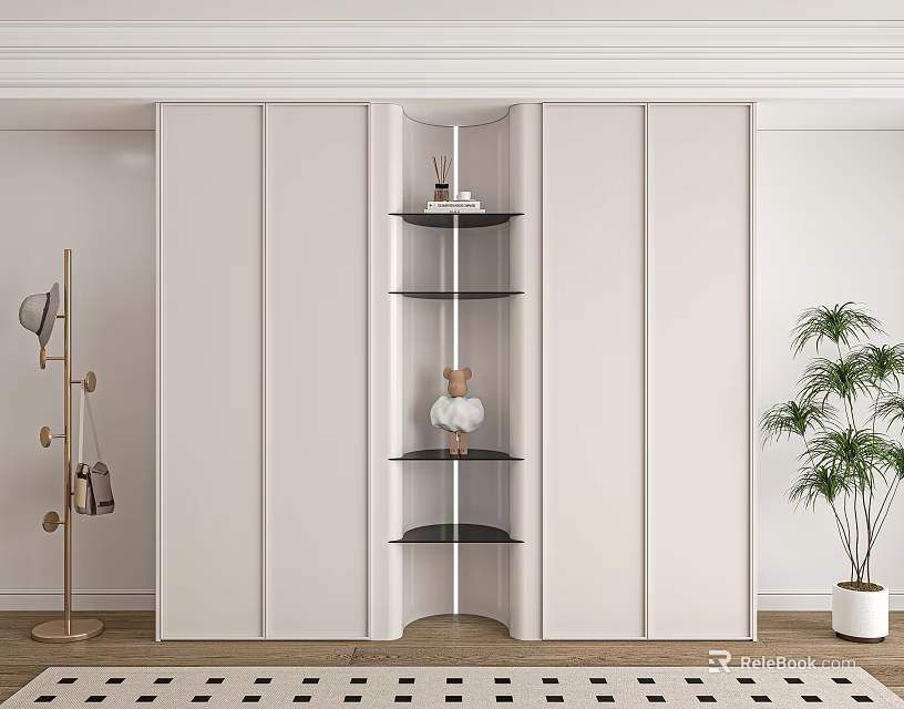 Modern White Wardrobe With Open Shelves Decorative Items Floor Lamp And Green Plant 3d model 