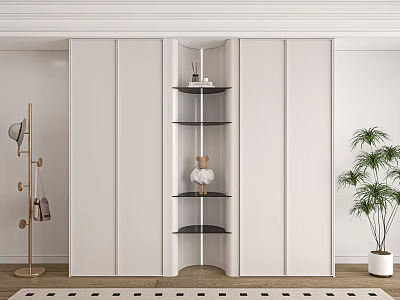 Modern White Wardrobe With Open Shelves Decorative Items Floor Lamp And Green Plant 3d model