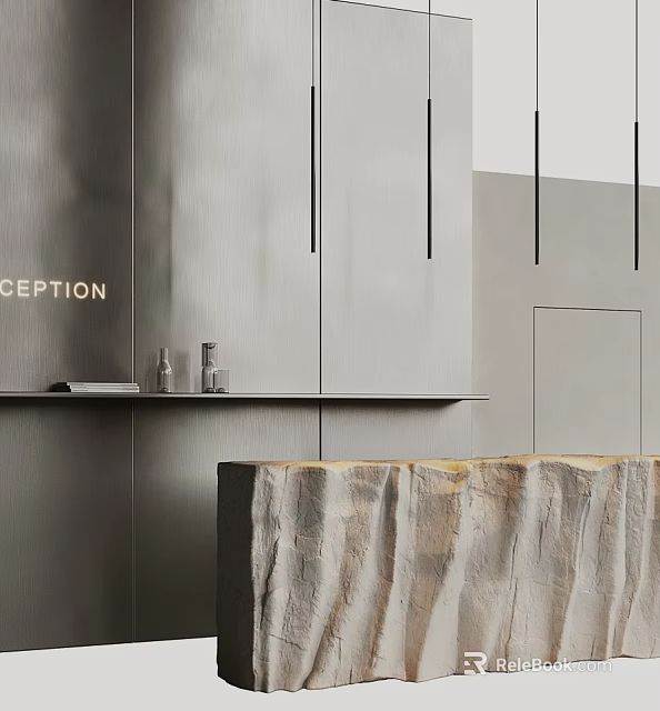 Modern Reception Desk Design With Textured Stone Countertop And Gray Wall Panels 3d model 
