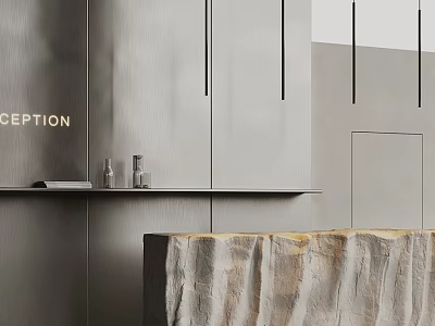 Modern Reception Desk Design With Textured Stone Countertop And Gray Wall Panels 3d model