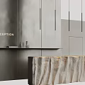 Modern Reception Desk Design With Textured Stone Countertop And Gray Wall Panels