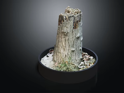 Wooden Stump Decorative Piece In Black Circular Base With White Stone Fragments And Green Grass 3d model