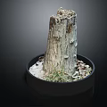 Wooden Stump Decorative Piece In Black Circular Base With White Stone Fragments And Green Grass