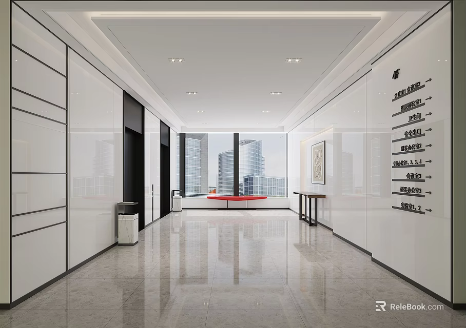 Modern Elevator Lobby With White Walls Sleek Floor Large Windows High Rise Views Red Bench 3d model 