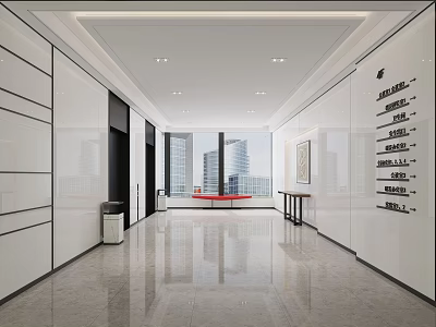 Modern Elevator Lobby With White Walls Sleek Floor Large Windows High Rise Views Red Bench 3d model