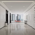 Modern Elevator Lobby With White Walls Sleek Floor Large Windows High Rise Views Red Bench