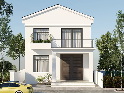 Two Story White Detached Villa Exterior With Garage Door Front Steps Trees And Yellow Car 3d model