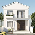 Two Story White Detached Villa Exterior With Garage Door Front Steps Trees And Yellow Car