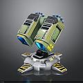Sci Fi Mechanical Device With Green Yellow Exterior Blue Lights And Circular Base