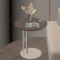 Wooden Top Side Table with White Metal Legs Clear Vase Coffee Cup in Living Room