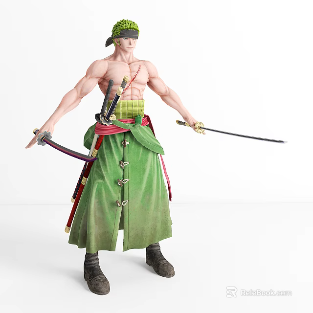 Muscular Swordsman Character With Green Headband And Robe Wielding Dual Swords In Hands 3d model 