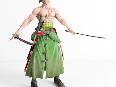Muscular Swordsman Character With Green Headband And Robe Wielding Dual Swords In Hands 3d model