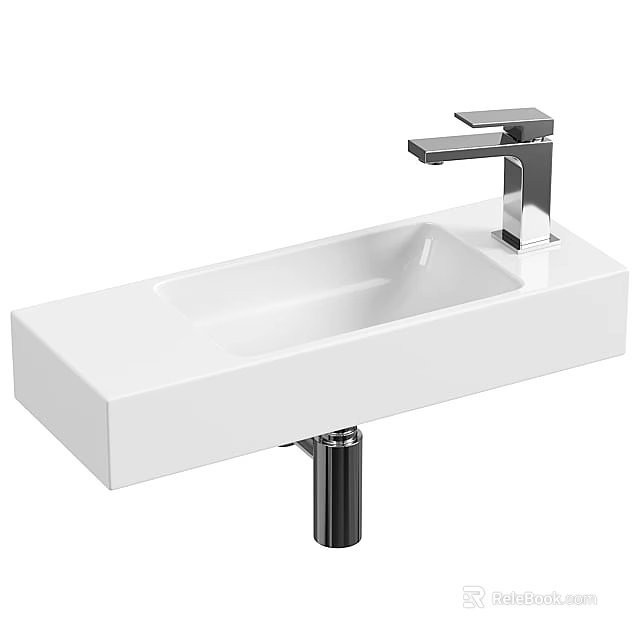 White Rectangular Countertop Washbasin With Silver Faucet And Metal Drain Pipe 3d model 