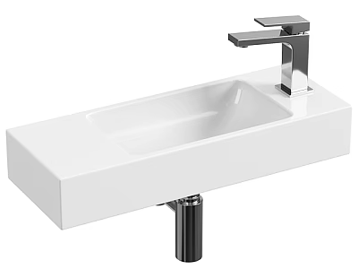 White Rectangular Countertop Washbasin With Silver Faucet And Metal Drain Pipe 3d model
