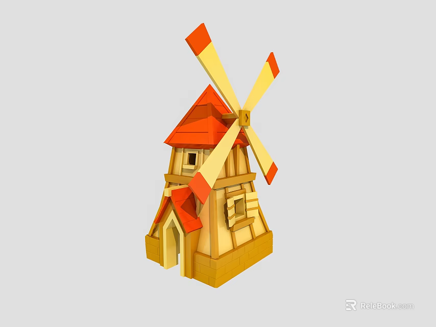 Colorful Windmill Art Installation with Red Roof Yellow Body and Rotating Blades 3d model 