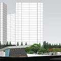Modern Garden Landscape With High Rise Buildings Green Lawns Red Leaf Trees And Pedestrian Paths