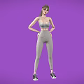 Child Posing With Hands On Hips In Grey Sports Bra And Sweatpants Against Purple Background