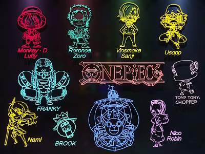 One Piece Character Neon Decorative Lights with Luffy Zoro Sanji and Logo 3d model