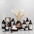 Stylish Modern Bathroom Accessories With Brown Bottles Soap Bar Candle And Decorative Elements