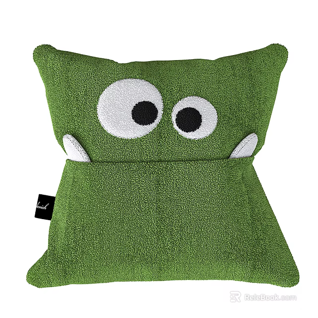 Green Plush Pillow With Cute White Eyes Small Ears And Black Label Design 3d model 