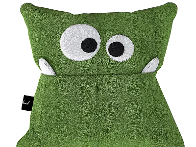 Green Plush Pillow With Cute White Eyes Small Ears And Black Label Design 3d model