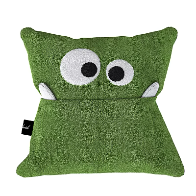Green Plush Pillow With Cute White Eyes Small Ears And Black Label Design 3d model