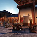 Ancient Style Commercial Street With Traditional Architecture Red Lanterns And Evening Pedestrians