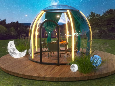 Outdoor Glass Dome Restaurant with Starry Sky Grass Moon Decorations Wooden Platform Tables Chairs Lighting 3d model