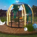 Outdoor Glass Dome Restaurant with Starry Sky Grass Moon Decorations Wooden Platform Tables Chairs Lighting