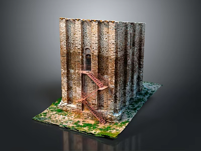 Ancient Stone Tower Structure Featuring Red Staircase And Grass Covered Base 3d model