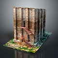 Ancient Stone Tower Structure Featuring Red Staircase And Grass Covered Base