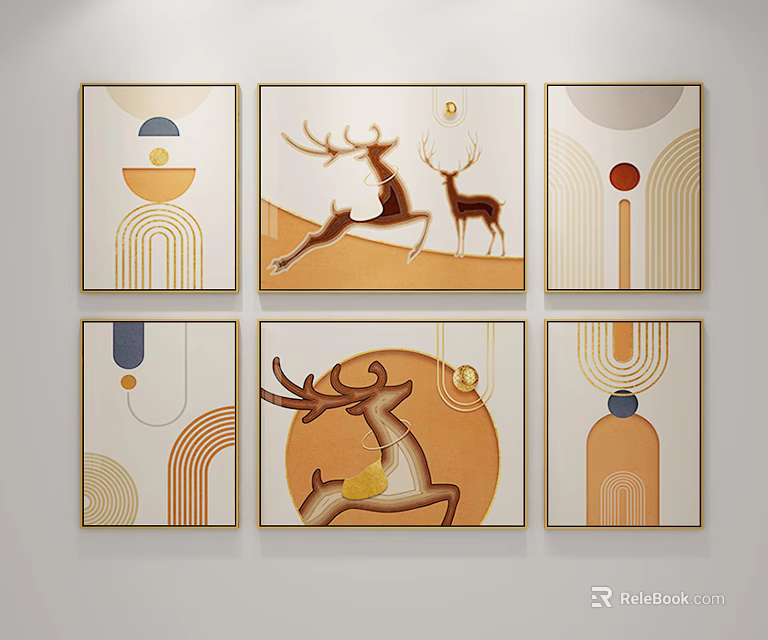 Modern Abstract Wall Art With Deer Motifs Geometric Shapes And Golden Frames 3d model 