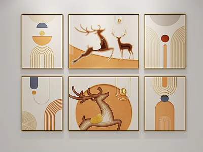 Modern Abstract Wall Art With Deer Motifs Geometric Shapes And Golden Frames 3d model