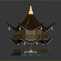 Traditional Chinese Pavilion With Multi tiered Brown Roof Golden Top Hanging Lanterns And Blue Base