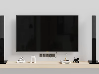 Modern Wall Mounted TV With Black Speakers On Wooden Shelf And Decorative Items 3d model