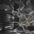 Table Lamp With Light And Shadow Effects Near Green Plant And Wooden Shutters