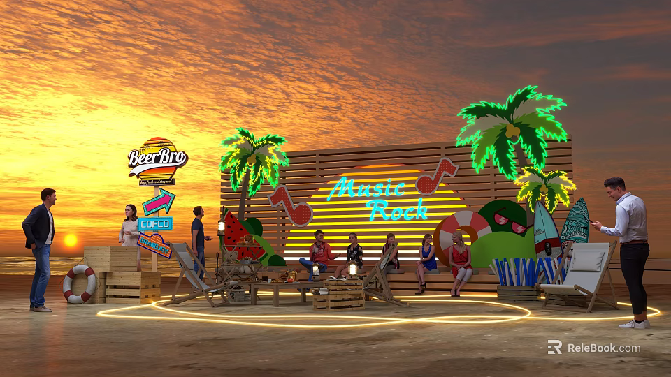 Outdoor Annie's Rock Party Scene With Neon Palm Trees Sunset And People 3d model 