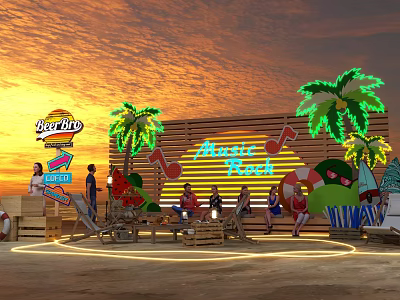 Outdoor Annie's Rock Party Scene With Neon Palm Trees Sunset And People 3d model