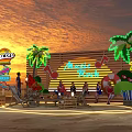 Outdoor Annie's Rock Party Scene With Neon Palm Trees Sunset And People