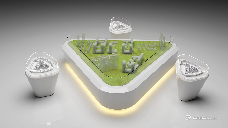 Triangular Sand Table Model With Green Grass Area And Miniature Building Structures 3d model 