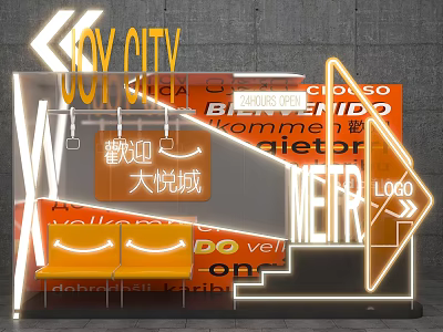 Joy City Themed Photo Spot With Neon Lights And Orange Decor 3d model