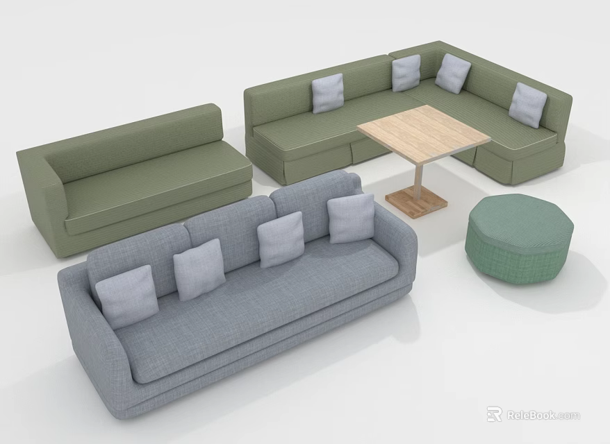 Modern Living Room Furniture Set With Grey Green Sofas Coffee Table Ottoman And Cushions 3d model 