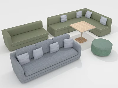 Modern Living Room Furniture Set With Grey Green Sofas Coffee Table Ottoman And Cushions 3d model