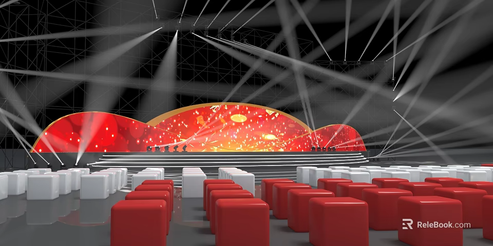 Performance Stage With Red Orange Curved Background Patterns Red White Square Seats And Lights 3d model