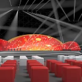 Performance Stage With Red Orange Curved Background Patterns Red White Square Seats And Lights 3d model